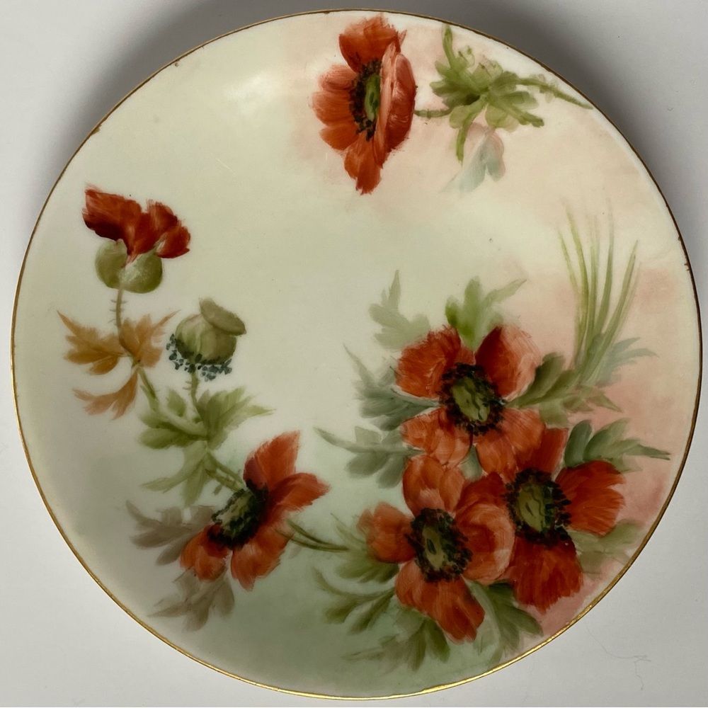 J.P.L. Jean Pouyat Limoges France Hand Painted Dessert Plate Poppy floral red